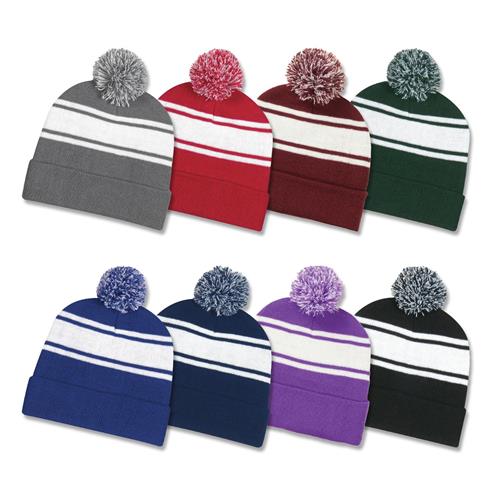 Two Tone Knit Pom Cuff Beanie